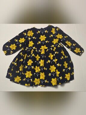 Jacadi Girls Navy Blue Floral Long-Sleeve Dress - Yellow Daffodil Print